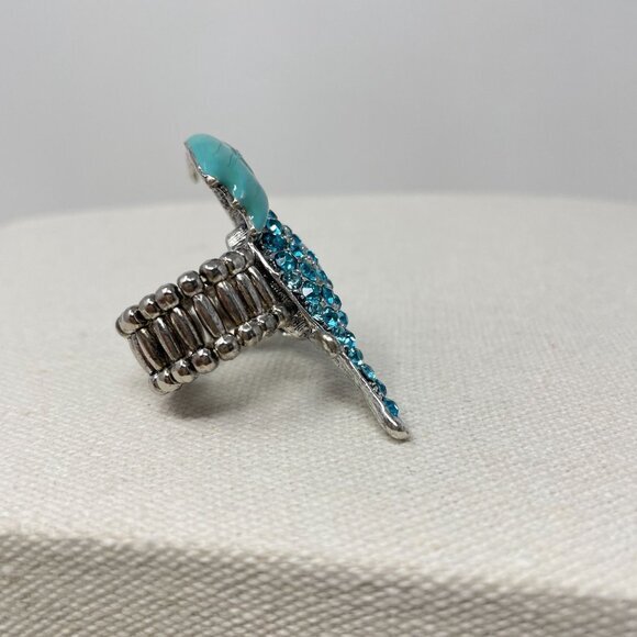 Hummingbird Stretch Ring Rhinestone Blue Silver Tone Cocktail Statement - Picture 4 of 8